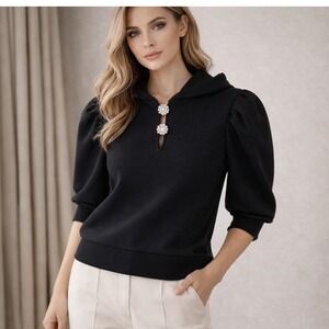 Ba&Sh Black Puff Sleeve Embellished Rhinestone button Hoodie XS Glam quiet luxur
